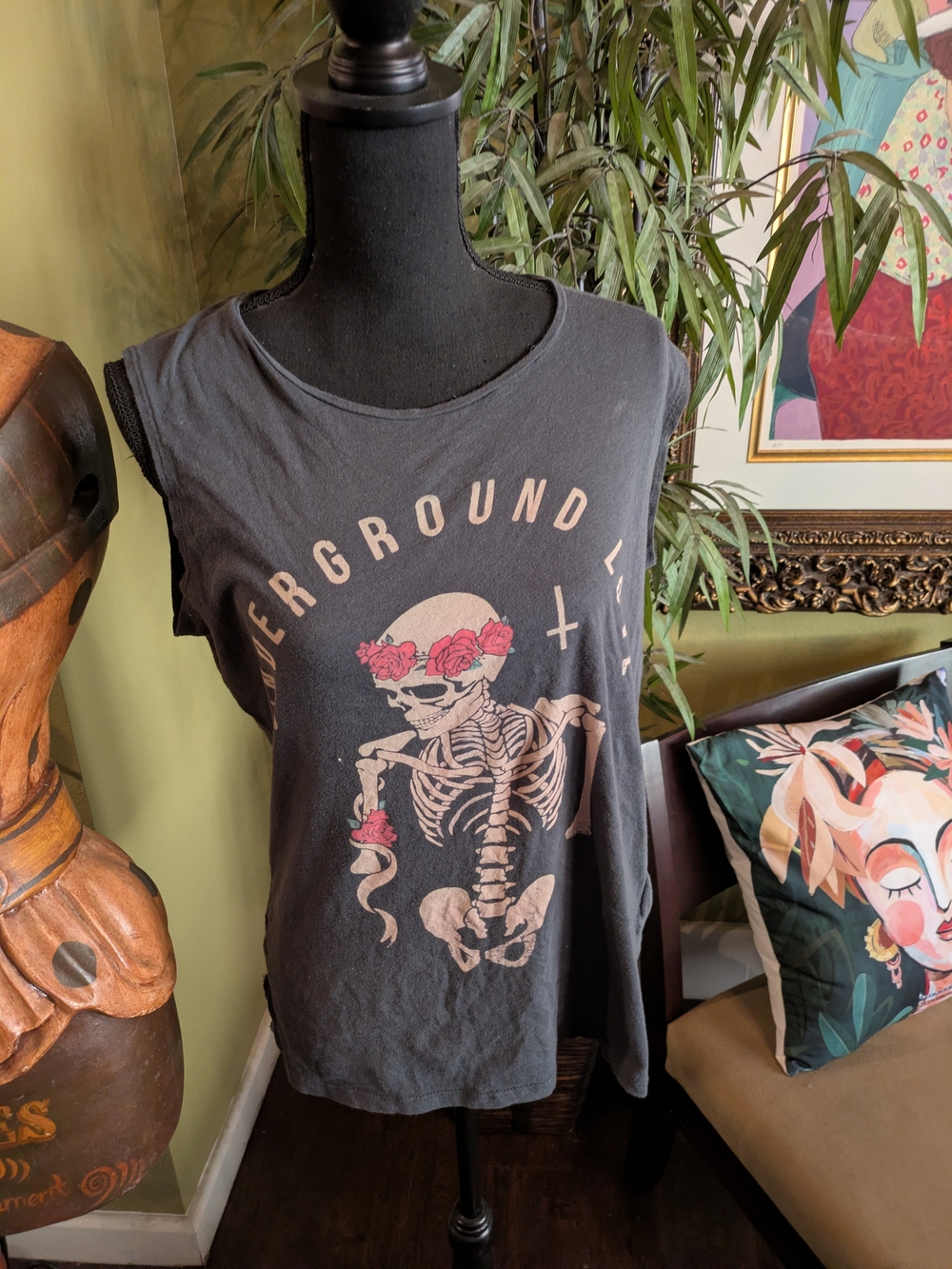 Cotton On Black Muscle Tee with Pink Floral Skull Graphic